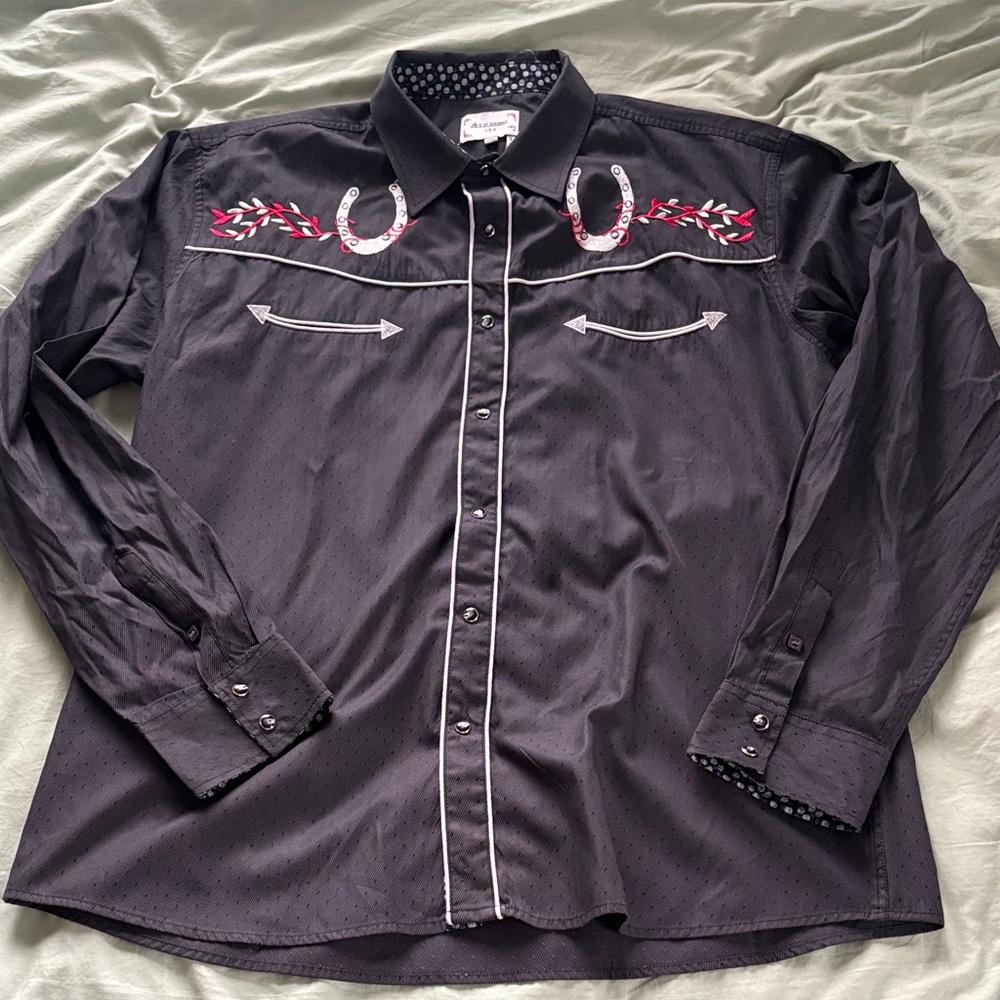Embroidered pearl snap shirt